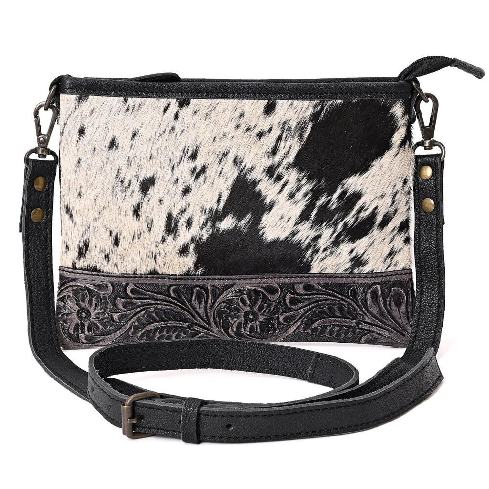 Tooled Leather Crossbody Bag Adjustable Strap Zippered Pocket Slim Design